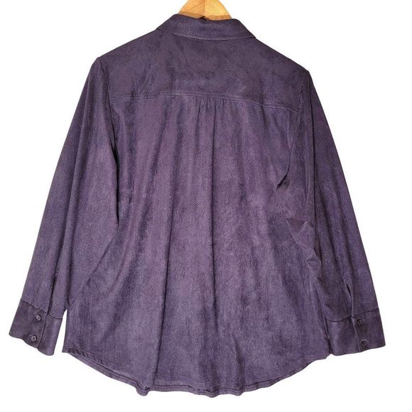 Chicos Reza Faux Suede Blouse Velour Button Top Purple L Eggplant Purpleology - Picture 2 of 15
